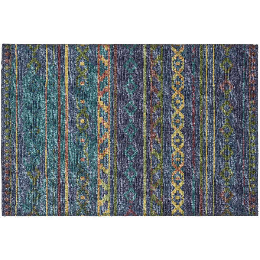 Close-up of the Dalyn Sedona SN10 Ink Washable Area Rug. Features dark red, gold, light green, navy, purple, and teal colors.