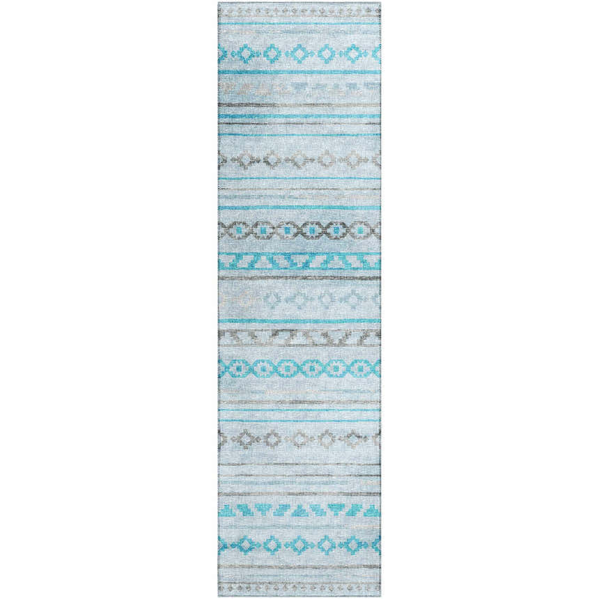 Dalyn Sedona SN10 Skydust runner rug. Light blue rug with teal and taupe geometric pattern. Farmhouse style.