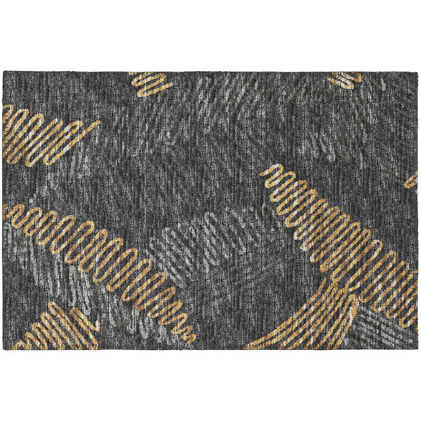 Close-up of the Dalyn Sedona SN11 Shadow Washable Area Rug, featuring a black background with gold and taupe swirl designs.