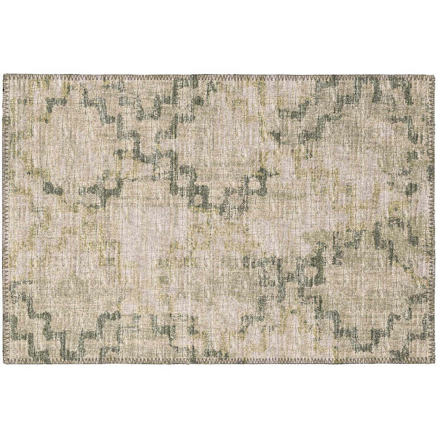 Close-up of the Dalyn Sedona SN15 Moss Washable Area Rug. Beige rug with a subtle medium green and olive abstract pattern.