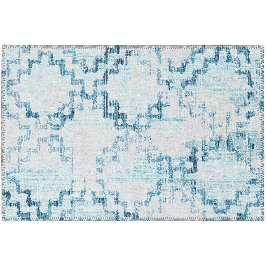 Dalyn Sedona SN15 Skydust rug with a geometric pattern in denim, light blue, and navy. Machine-made, washable polyester rug.
