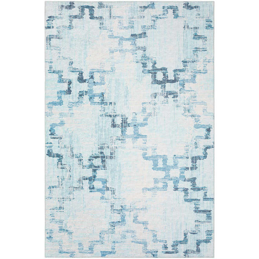 Close-up of Dalyn Sedona SN15 Skydust Washable Area Rug. Denim, light blue, and navy abstract pattern on a skydust background.