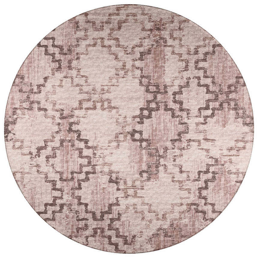 Round Dalyn Sedona SN15 Walnut washable area rug with a brown geometric pattern on an ivory background.