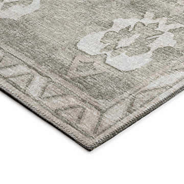 Close-up of the Dalyn Sedona SN16 Khaki Washable Area Rug, showing beige, olive, and tan floral and geometric pattern.