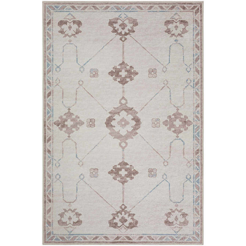 Dalyn Sedona SN16 Parchment rug with chestnut, ivory, light blue, and taupe geometric pattern and farmhouse style border.