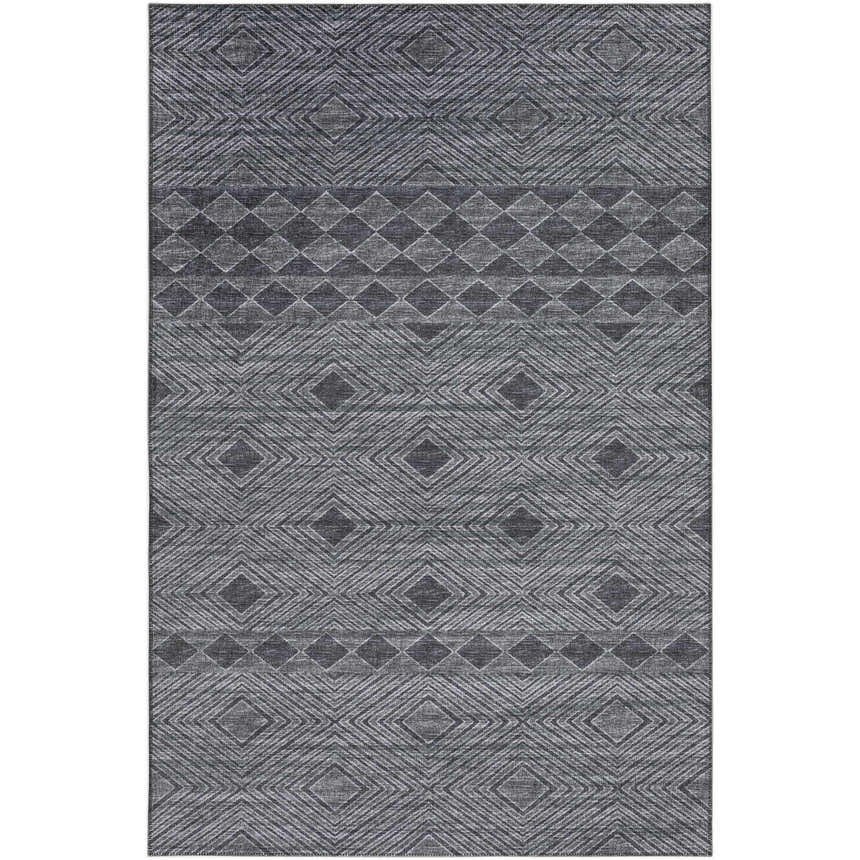 Close-up of the Dalyn Sedona SN1 Midnight Washable Area Rug. Black, taupe, and midnight diamond pattern. Farmhouse style.