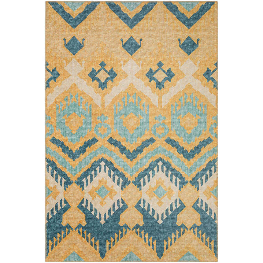 Dalyn Sedona SN2 Marigold rug with gold, navy, orange, and sage geometric pattern. Farmhouse style, machine-made polyester rug.