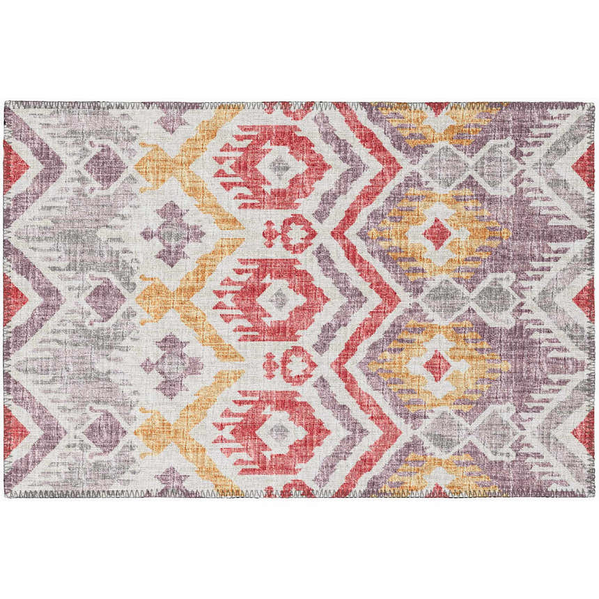 Close-up of the Dalyn Sedona SN2 Passion Washable Area Rug with a geometric pattern in chestnut, coral, gold, and light purple.