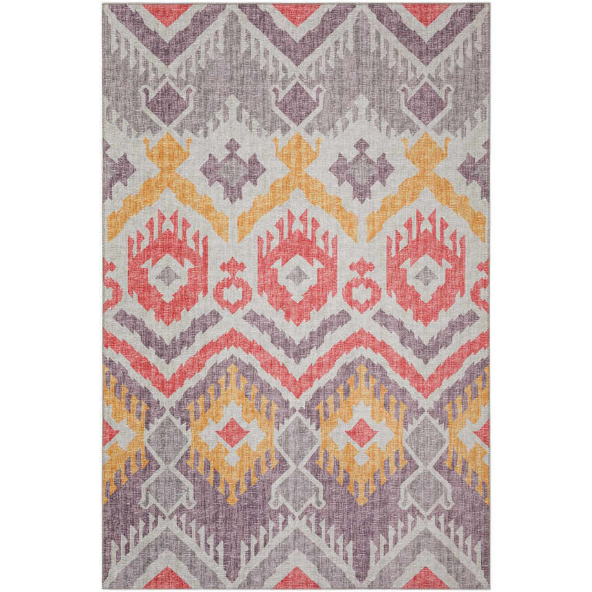 Close-up of the Dalyn Sedona SN2 Passion Washable Area Rug. Features a geometric pattern in chestnut, coral, gold, and light purple.