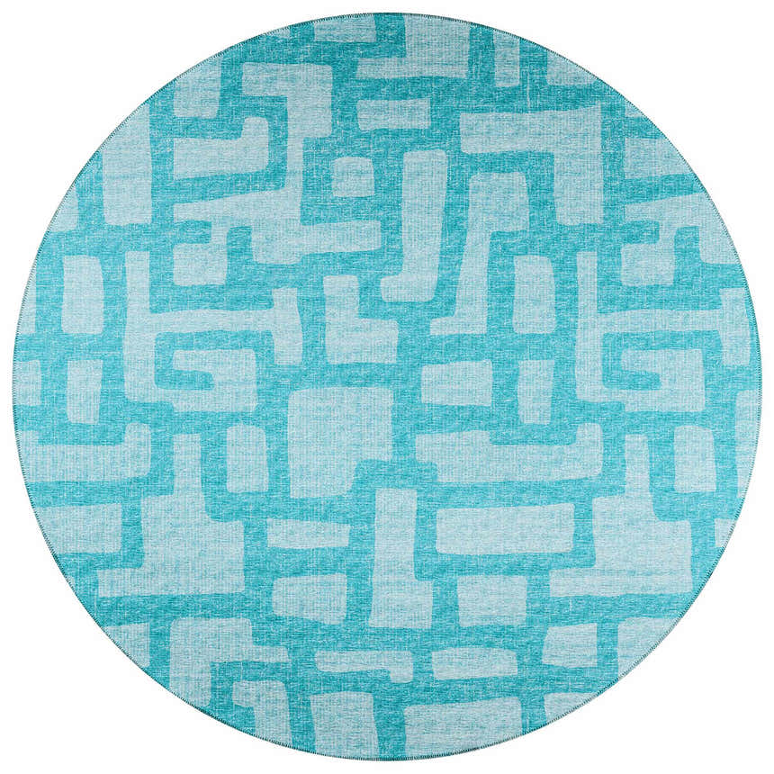 Round Dalyn Sedona SN4 Robins Egg rug with a teal and light blue geometric pattern. Washable, indoor/outdoor rug.