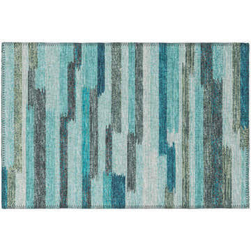 Close-up of Dalyn Sedona SN8 Poolside rug. Machine-made polyester rug with blue, teal, taupe vertical stripes.