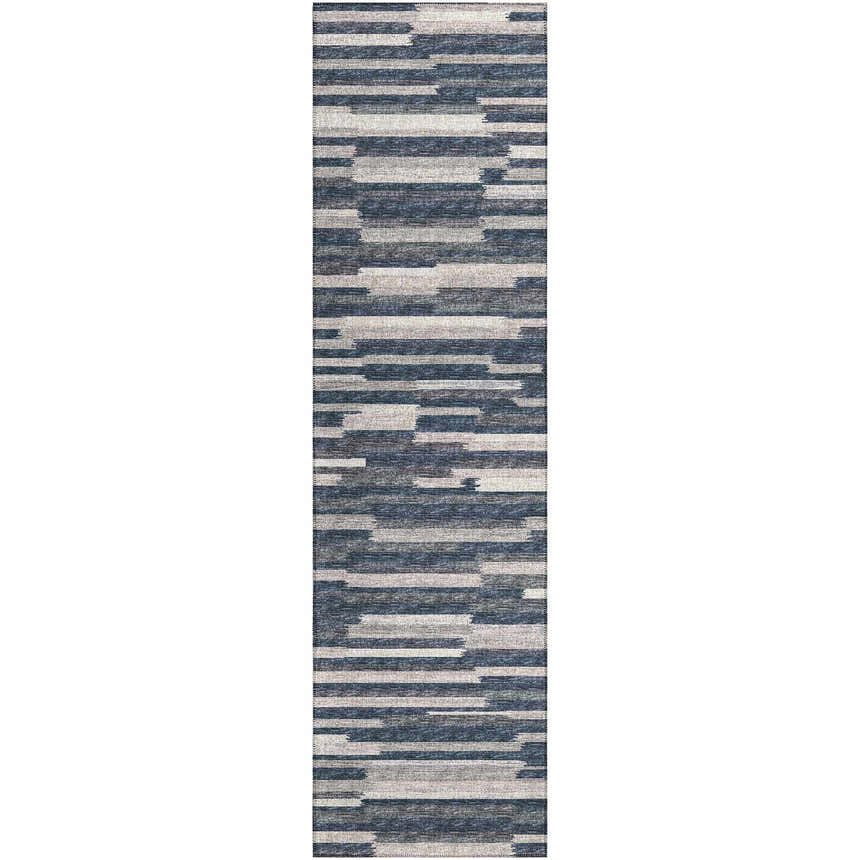 Dalyn Sedona SN8 Slate runner rug with black, taupe, and blue horizontal stripe pattern. Washable, non-skid.