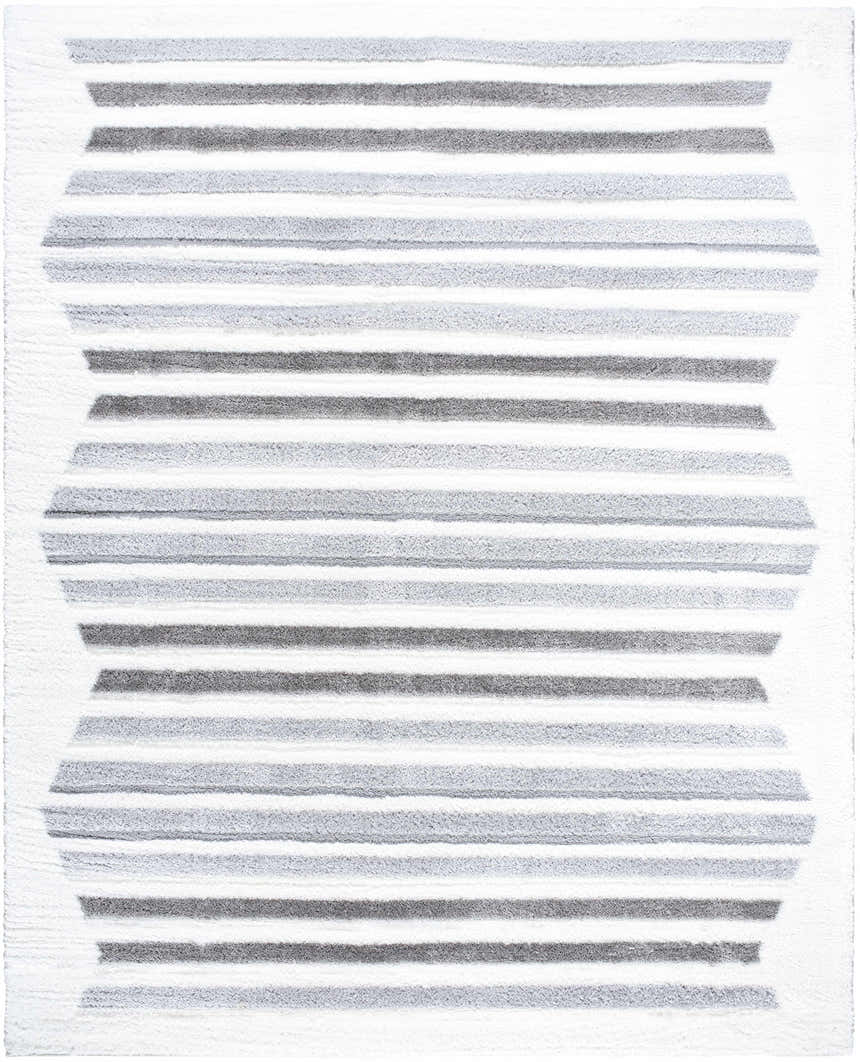 Close-up of the Buono Rose Cream Area Rug, featuring a modern shag design with gray horizontal stripes on a cream background. Design-Rectangle-71010