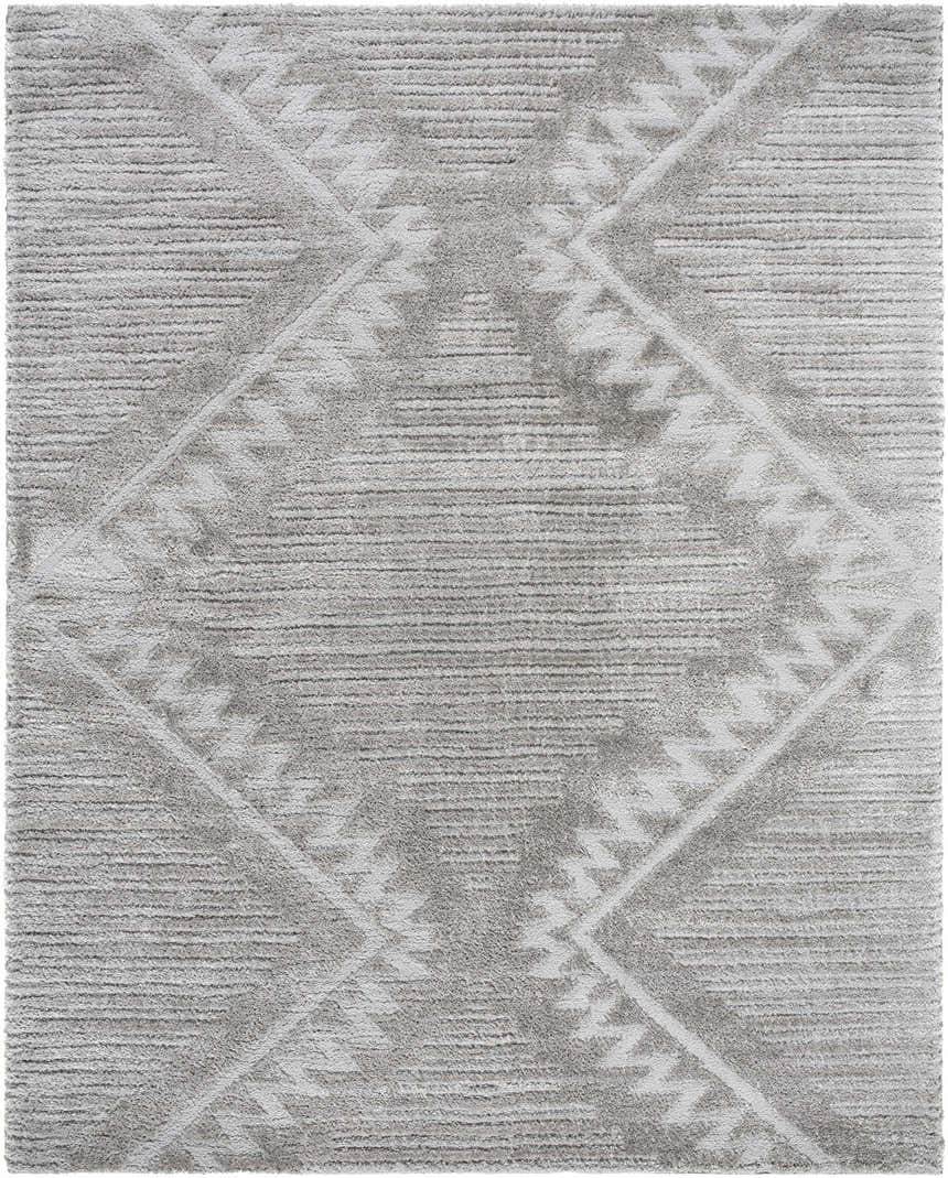 Close-up of the Edsel Gray Area Rug, a shag rug with a diamond pattern in shades of gray and taupe. Design-Rectangle-71010