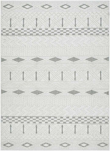 Close-up of Sokka Area Rug. Cream and light gray geometric design with diamond and stripe patterns. Contemporary style. Design-Rectangle-537