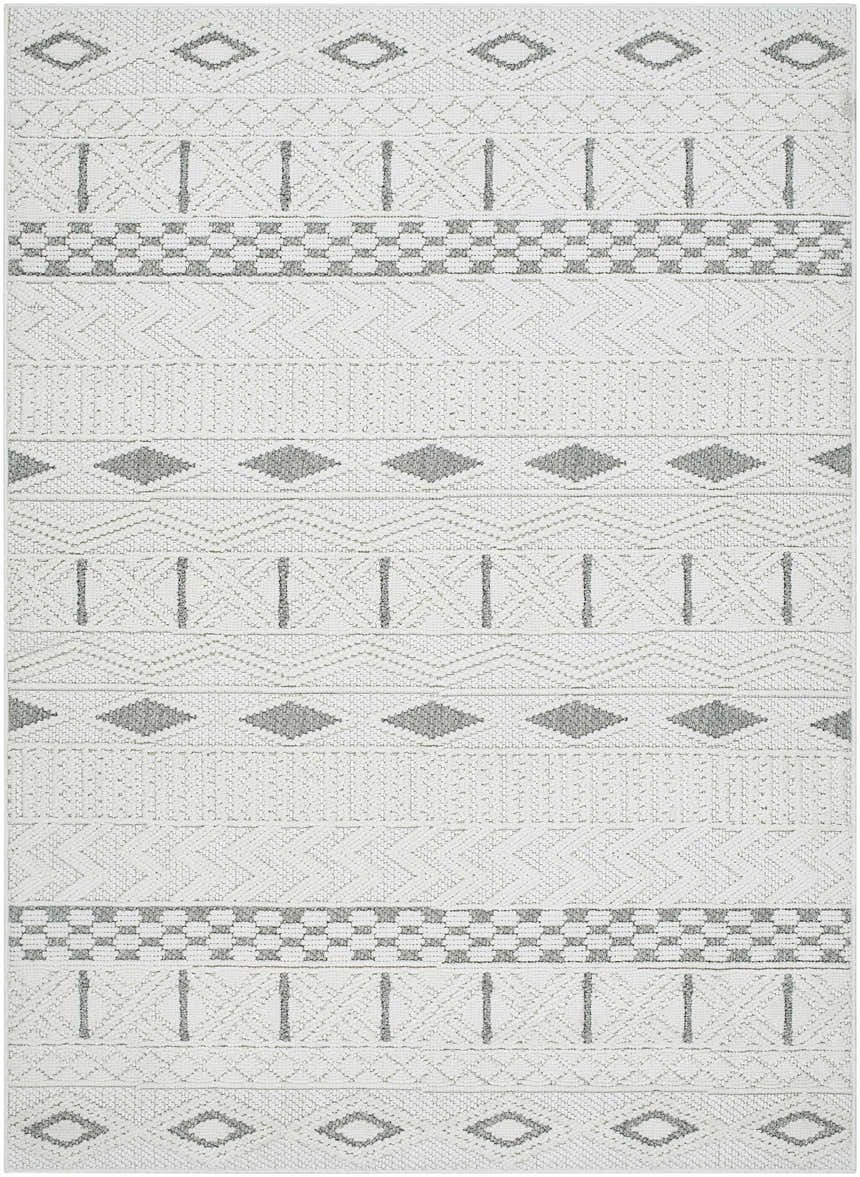 Close-up of Sokka Area Rug. Cream and light gray geometric design with diamond and stripe patterns. Contemporary style. Design-Rectangle-537