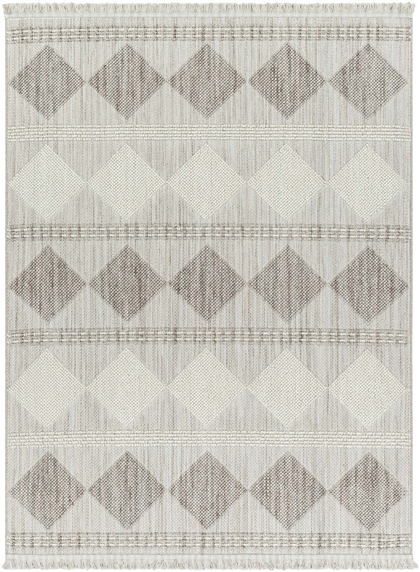 Close-up of the Igone Area Rug. Beige rug with brown diamond pattern and fringe. Farmhouse style. Design-Rectangle-527