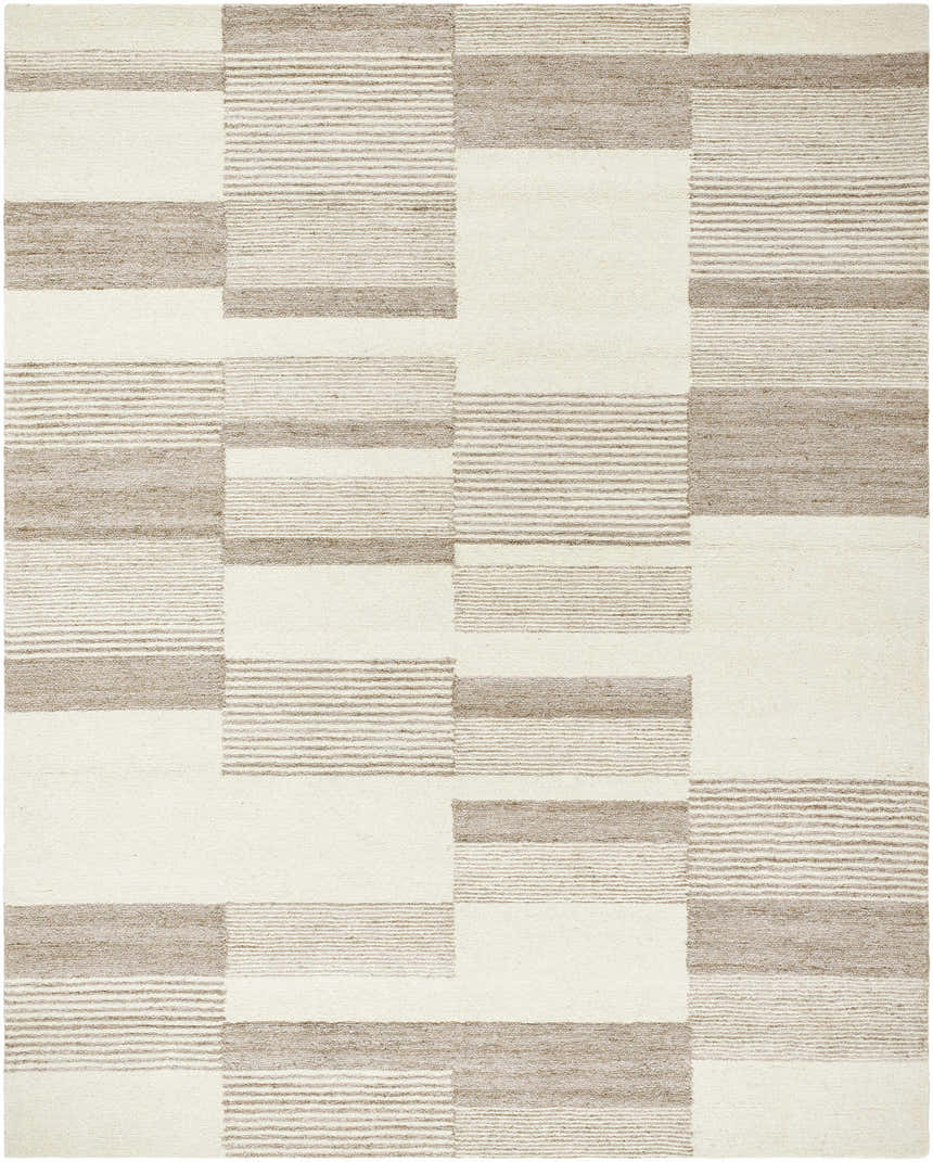 Close-up of the Eyad Area Rug, a contemporary hand-tufted rug in beige, bone, and brown with a geometric block pattern. Design-Rectangle-810