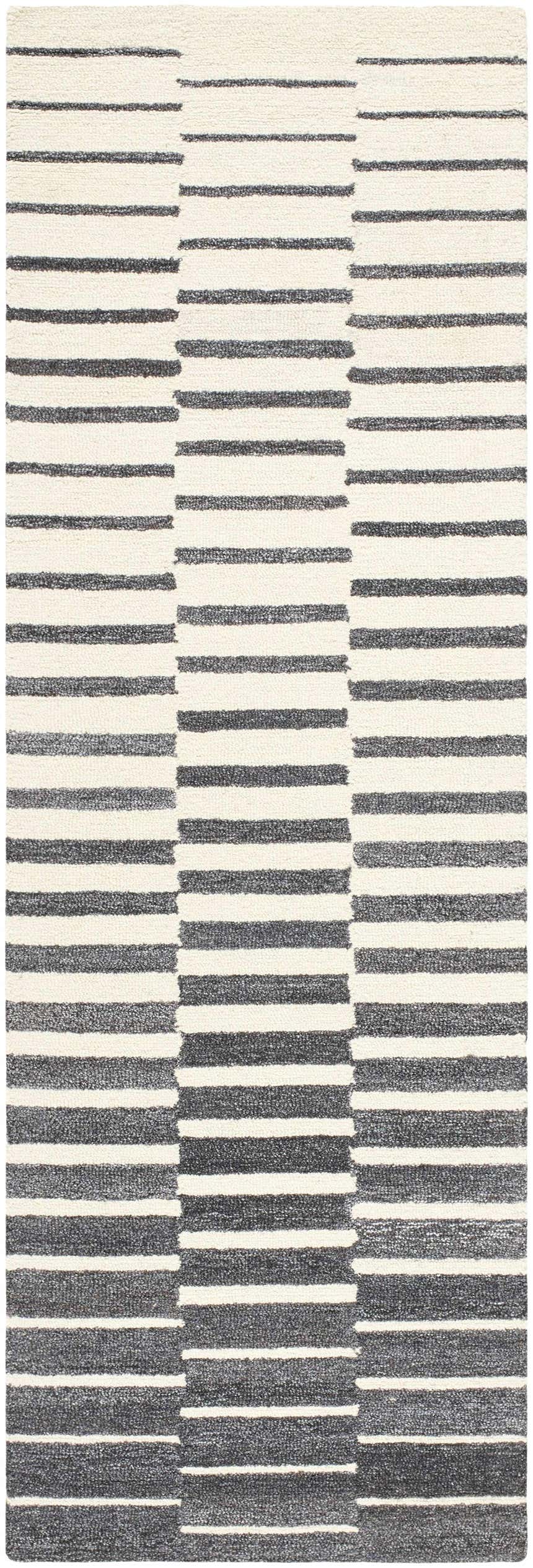 Close-up of the Gawel Charcoal Area Rug. Features a contemporary striped pattern in charcoal, gray, and beige tones. Hand-tufted wool blend. Design-Runner-268