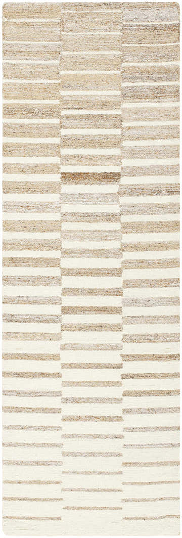 Close-up of the Gawel Brown Area Rug featuring a contemporary striped pattern in beige, bone, and brown hues. Design-Runner-268