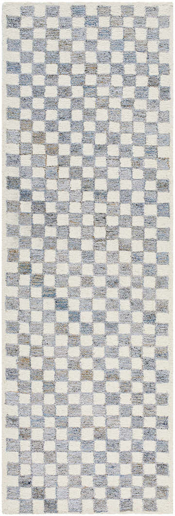 Close-up of the Halen Gray Checkered Area Rug. Hand-tufted wool rug with a gray, brown, and natural checkered pattern. Design-Runner-268