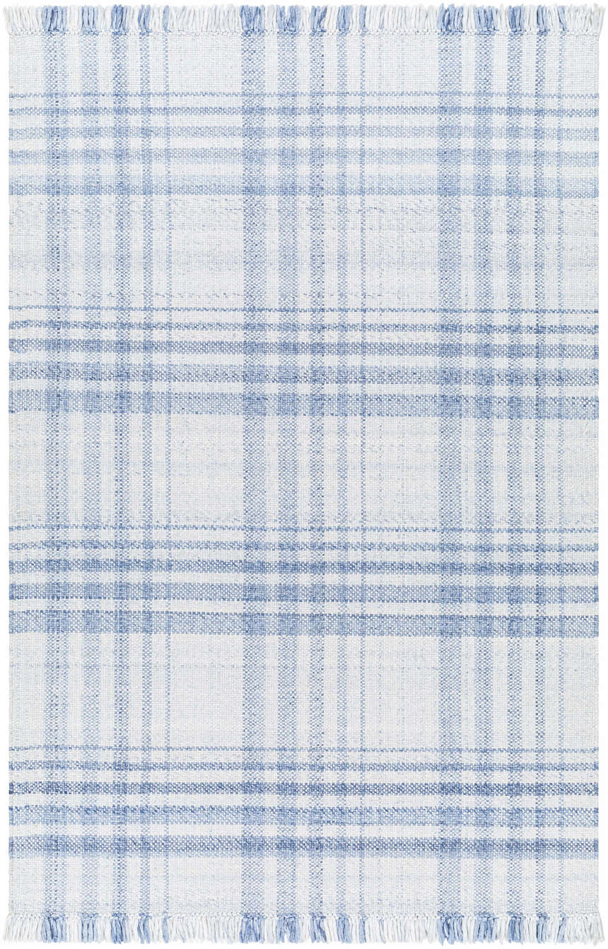 Close-up of the Inara Blue Plaid Area Rug. Hand-woven rug with a blue and white plaid pattern and fringed edges. Farmhouse style. Design-Rectangle-576