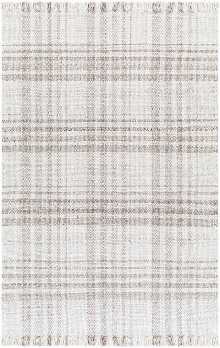 Close-up of the Inara Light Brown Plaid Hand Woven Area Rug, showing the beige and brown plaid pattern and woven texture. Design-Rectangle-576