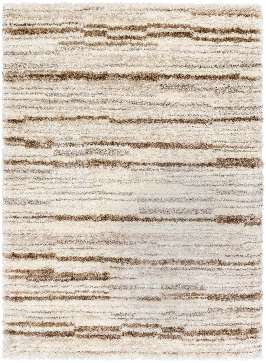 Close-up of the Maho Ivory Area Rug, featuring a contemporary beige and light brown horizontal stripe pattern. Design-Rectangle-537