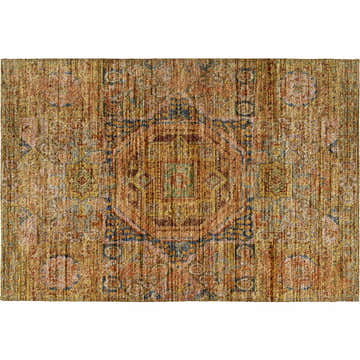 Close-up of the Dalyn Indoor/Outdoor Silk Road SR10 Curry Area Rug. Features caramel, curry, gold, and navy colors.