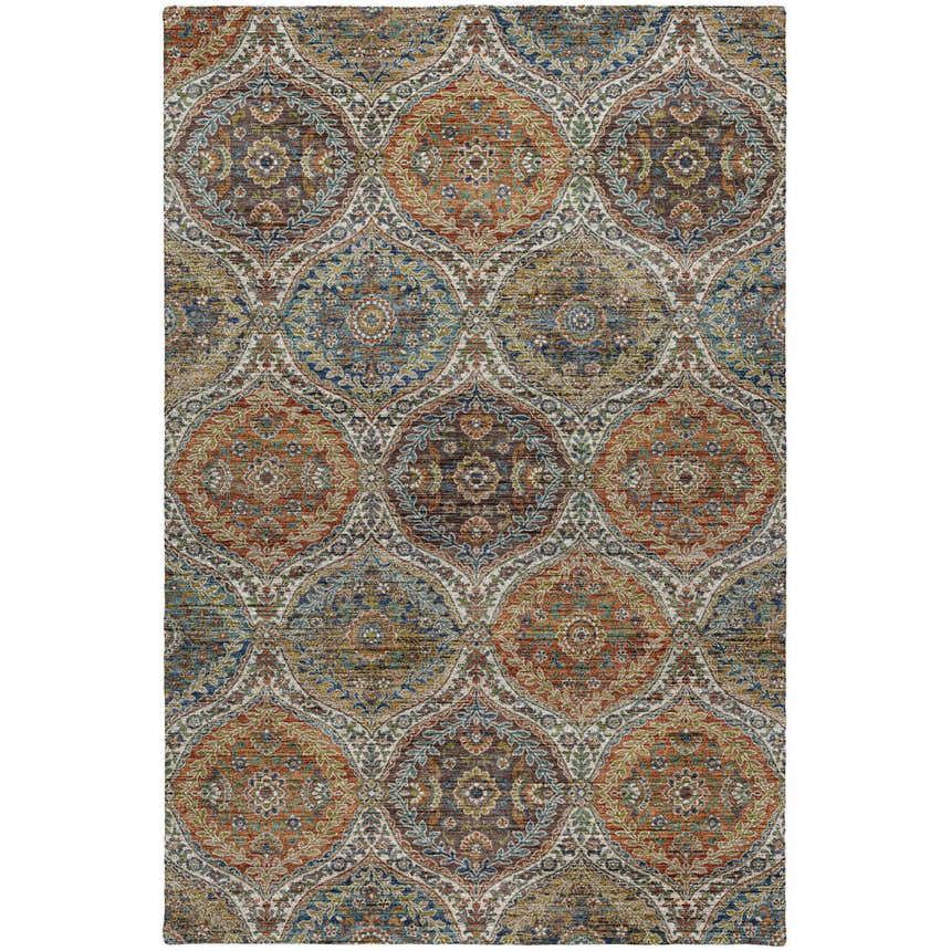 Detailed texture of the Dalyn Silk Road SR12 multi area rug with caramel, teal, and gold floral medallion pattern.