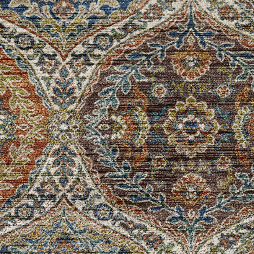 Close-up of the Dalyn Silk Road SR12 multi area rug featuring caramel, teal, and brown floral and geometric patterns.