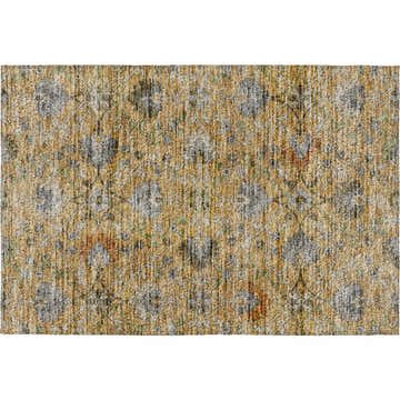 Close-up of Dalyn Silk Road SR1 Saffron Area Rug. Caramel, gold, and green floral pattern. Farmhouse style.