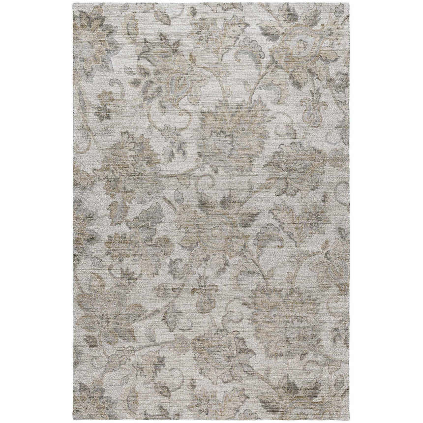 Close-up of Dalyn Indoor/Outdoor Silk Road SR2 Linen Area Rug. Beige, chestnut, ivory, and silver gray floral pattern.