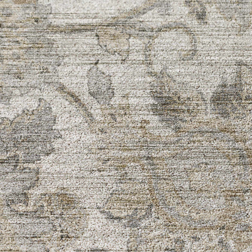 Close-up of the Dalyn Silk Road SR2 Linen Area Rug, showing beige, ivory, and silver gray floral pattern and texture.