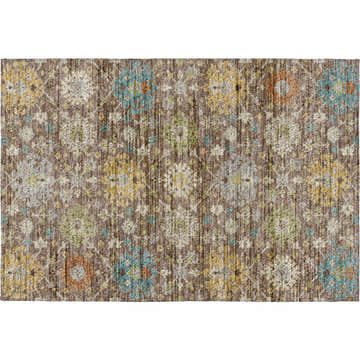 Close-up of the Dalyn Indoor/Outdoor Silk Road SR3 Mocha Area Rug with aloe, caramel, and light blue floral pattern.