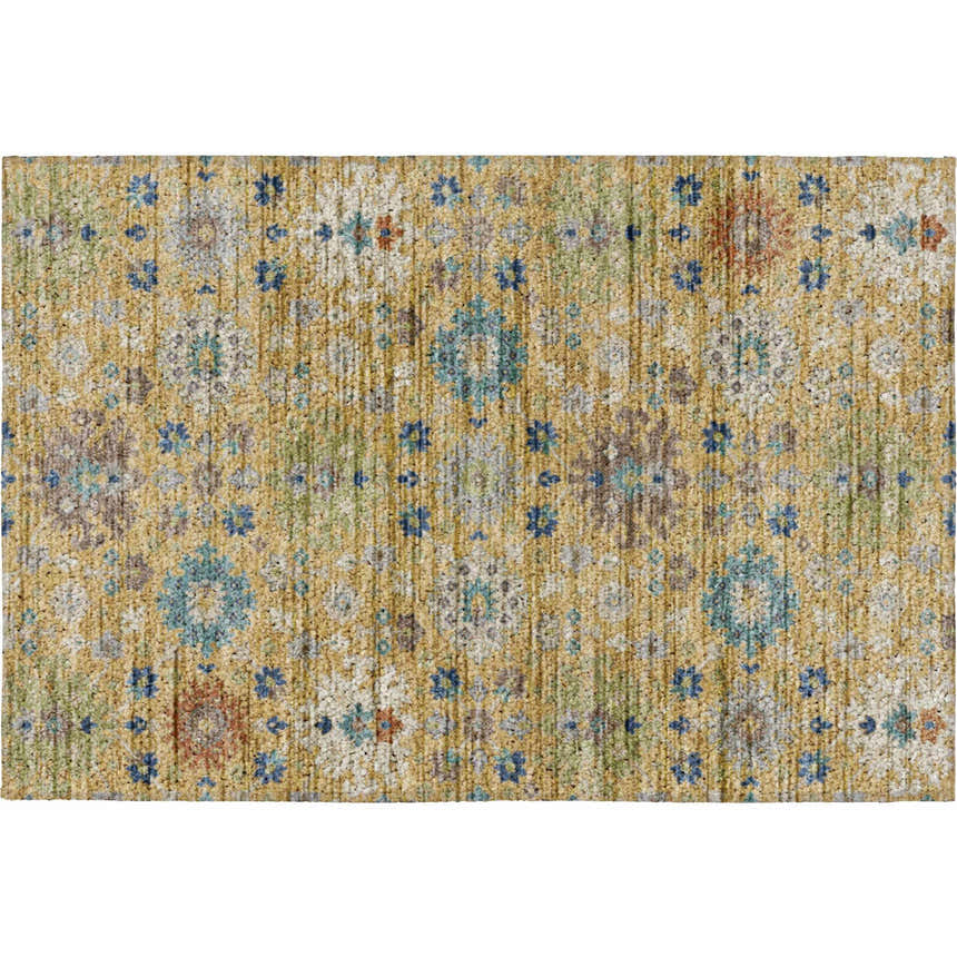 Close-up of the Dalyn Indoor/Outdoor Silk Road SR3 Turmeric Area Rug, featuring aloe, caramel, and light blue floral accents.