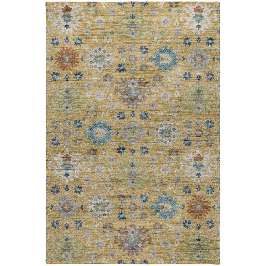 Close-up of Dalyn Silk Road SR3 Turmeric Area Rug. Features farmhouse style floral pattern in turmeric, blue, and ivory.