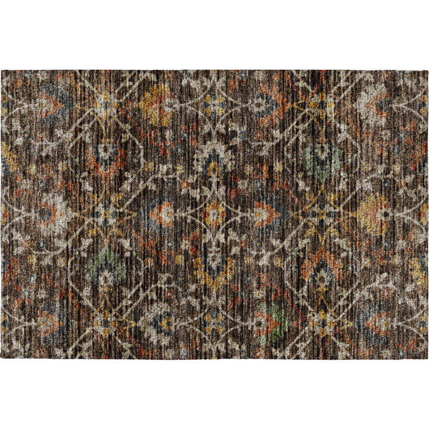 Dalyn Silk Road SR4 Chocolate rug featuring a beige floral pattern on a brown, gold, and paprika background.