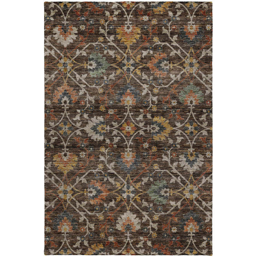 Close-up of a Dalyn Indoor/Outdoor Silk Road SR4 Chocolate Area Rug. Features a floral pattern in beige, brown, and gold tones.