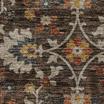 Close-up of the Dalyn Silk Road SR4 Chocolate Area Rug. Features a brown floral pattern with beige, gold, and paprika accents.