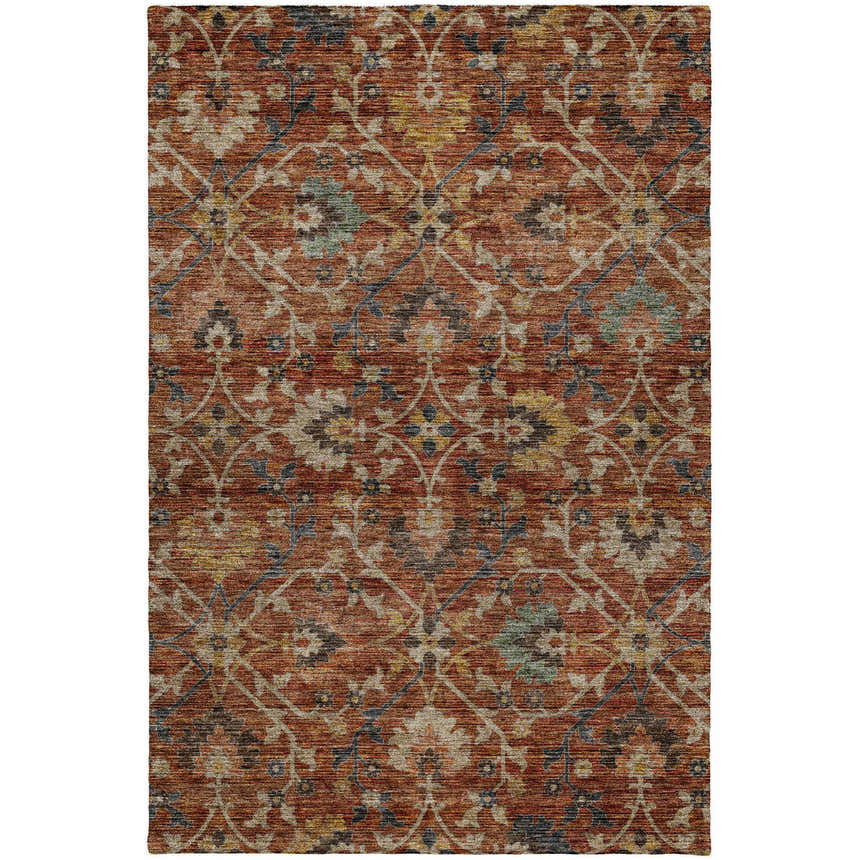 Detailed texture of the Dalyn Silk Road SR4 Paprika Area Rug with beige, gold, and muted sage floral pattern.