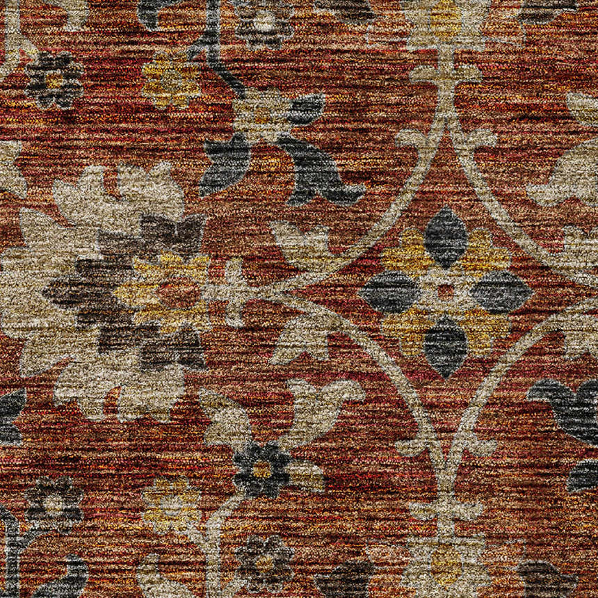 Close-up of the Dalyn Silk Road SR4 Paprika Area Rug showing a floral pattern in paprika, beige, gold, and charcoal.