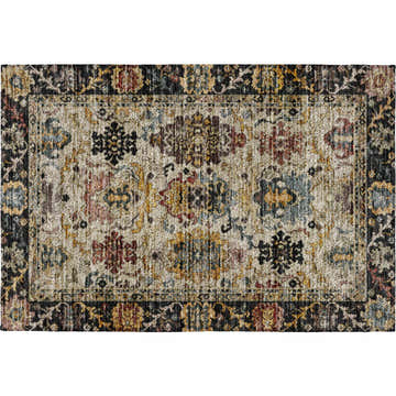 Detailed texture of a Dalyn Indoor/Outdoor Silk Road SR5 Black Area Rug with floral and border patterns.