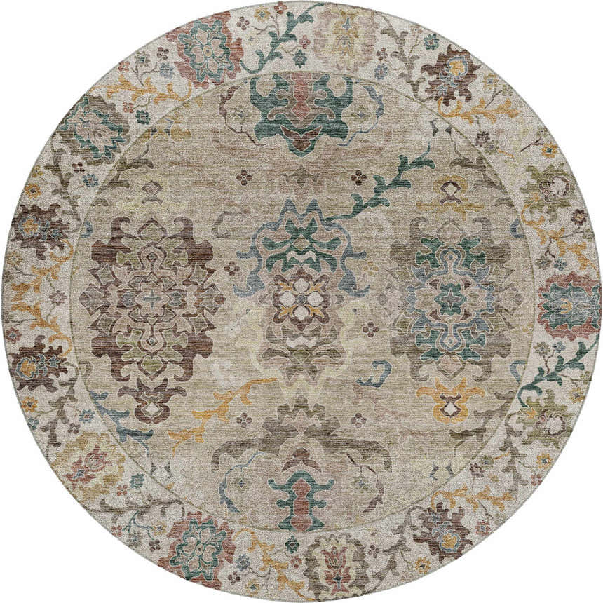 Round Dalyn Silk Road SR5 Putty area rug. Traditional floral pattern in caramel, chestnut, gold, and light blue.