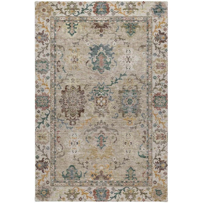 Close-up of Dalyn Silk Road SR5 Putty Area Rug. Traditional floral pattern in putty, caramel, gold, and light blue colors.
