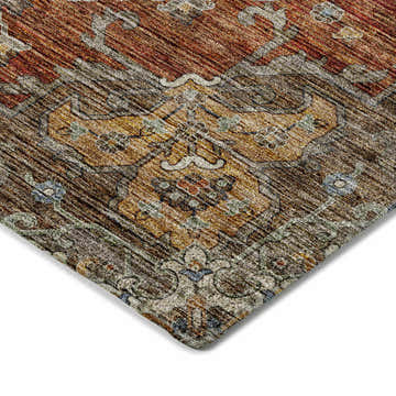 Close-up of the Dalyn Indoor/Outdoor Silk Road SR6 Paprika Area Rug, showcasing its traditional beige, brown, and paprika pattern.