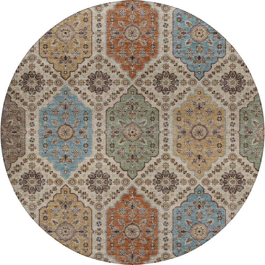 Round Dalyn Silk Road SR7 Linen area rug with beige, caramel, gold, and sky blue geometric pattern.