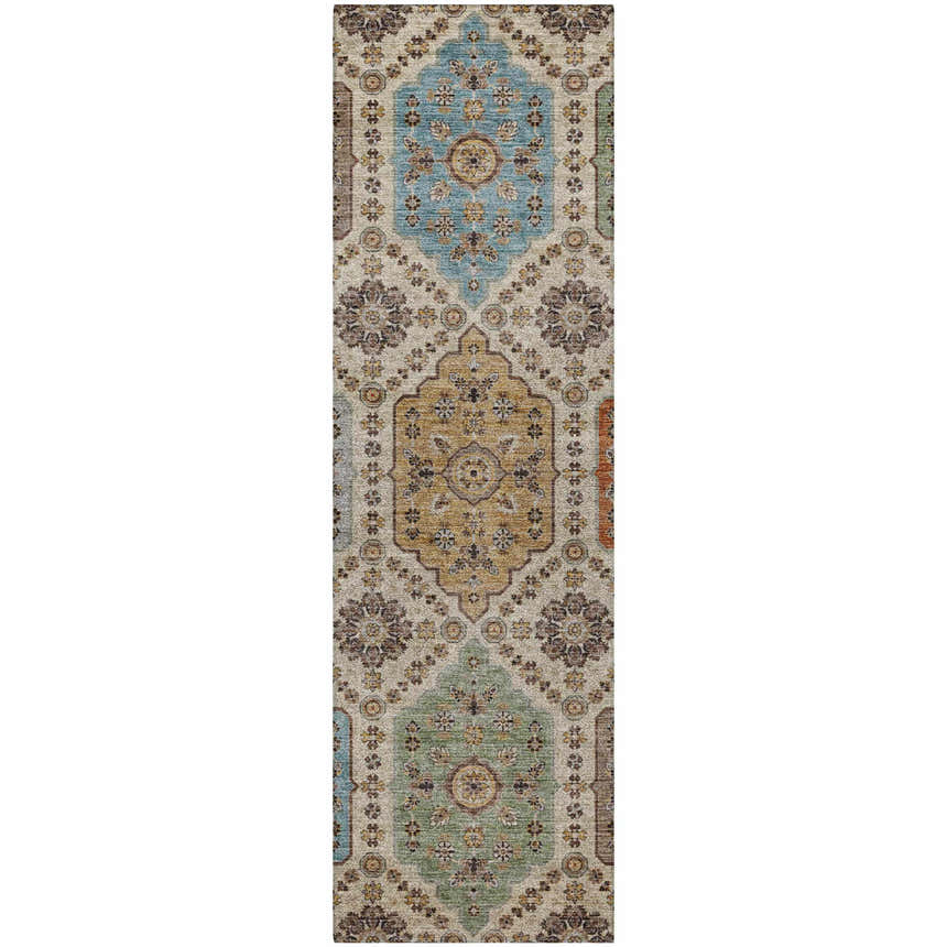 Close-up of Dalyn Silk Road SR7 Linen Area Rug runner with beige, caramel, gold, and sky blue floral pattern.