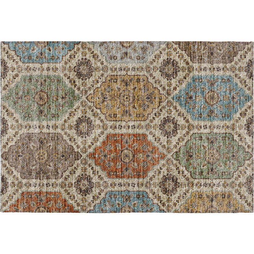 Close-up of Dalyn Silk Road SR7 Linen Area Rug. Beige rug with caramel, gold, blue, and green geometric medallions.
