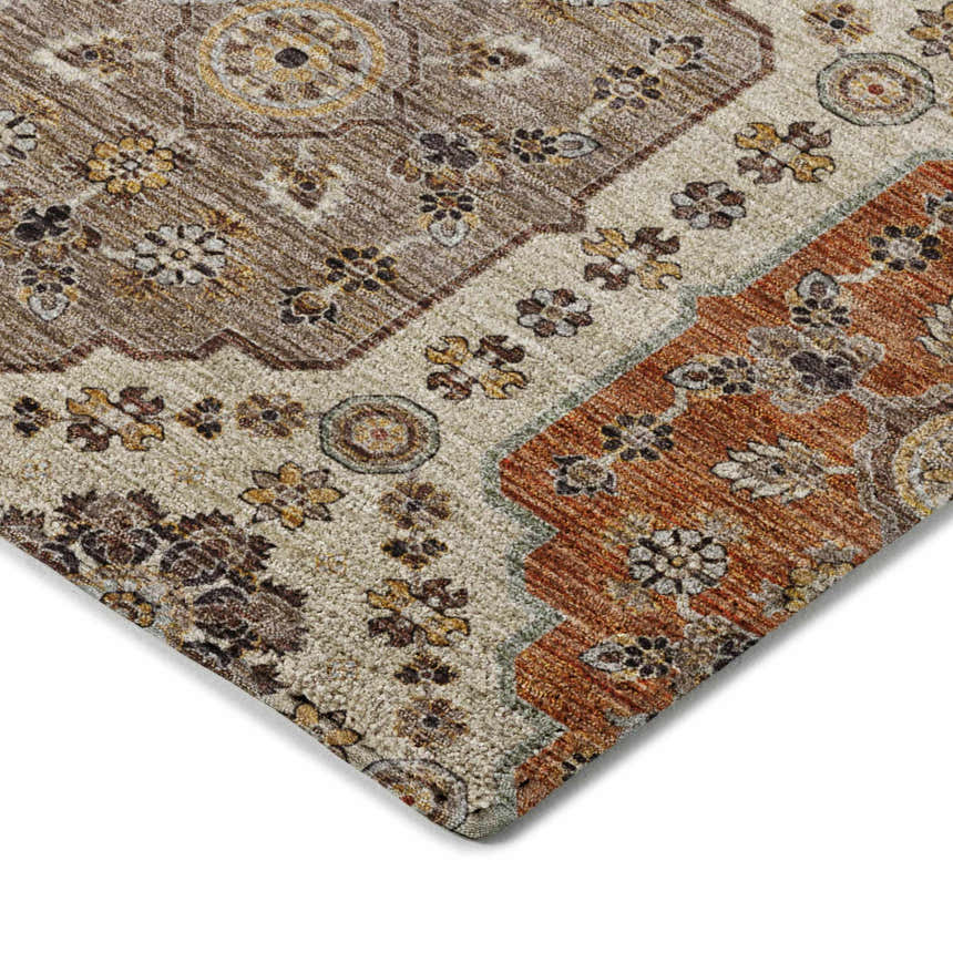 Close-up of the Dalyn Silk Road SR7 Linen Area Rug. Beige, caramel, and gold floral pattern with a textured design.